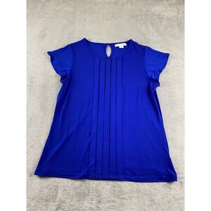 Liz Claiborne Blue Pleated Keyhole Neck Short Sleeve Top Women's Size L
